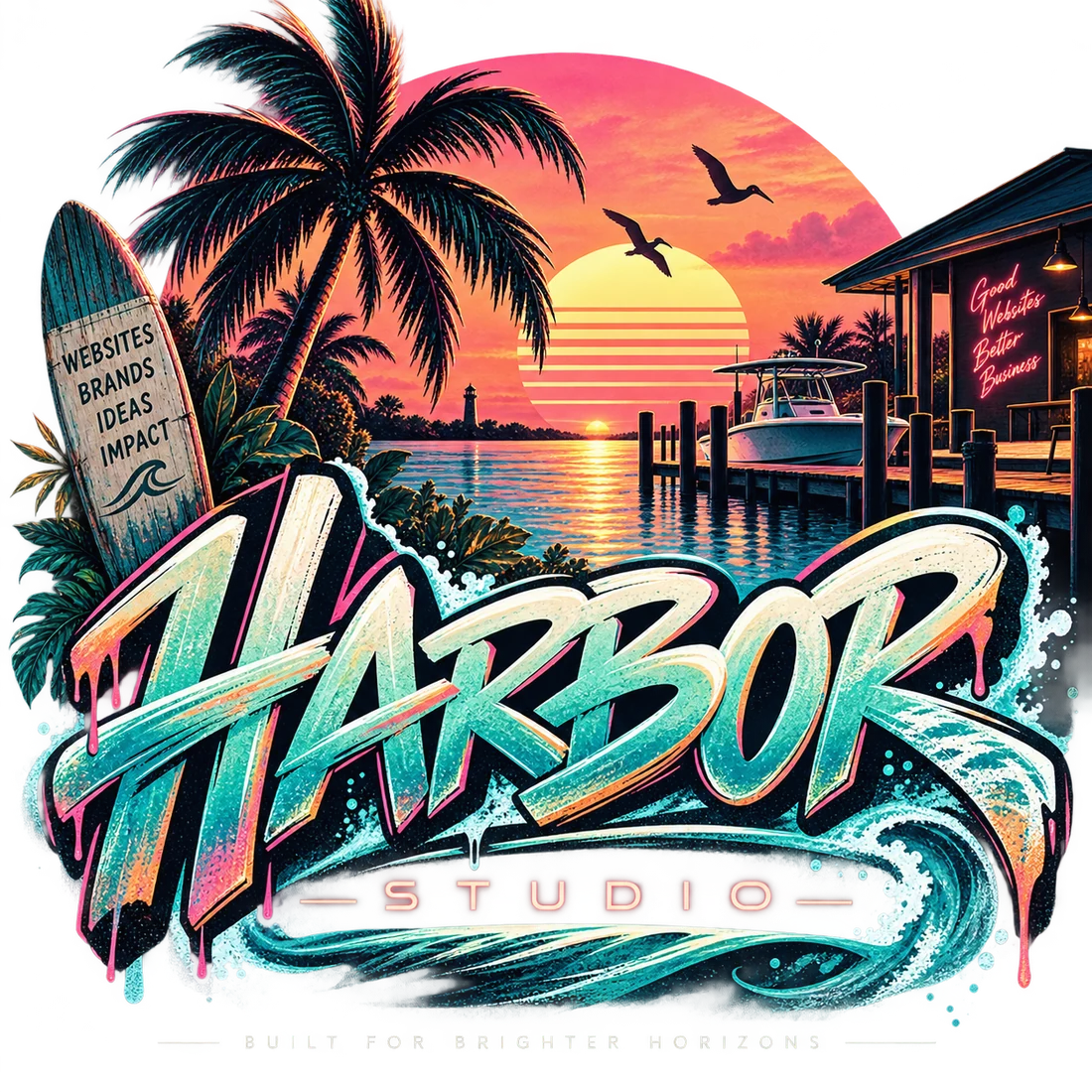 Harbor Studio Works artwork featuring a tropical waterfront sunset, palm trees, a surfboard, and the Harbor Studio logo