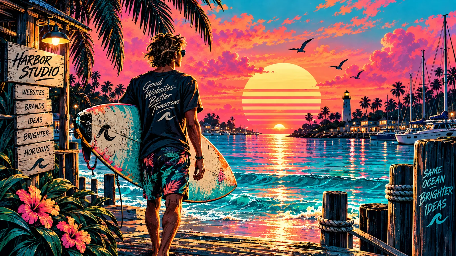 Colorful Harbor Studio waterfront scene with a surfer, sailboats, a lighthouse, palm trees, and a brilliant sunset