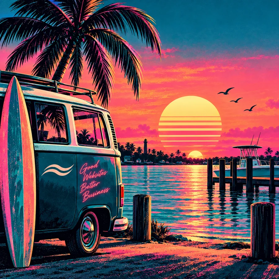 Retro coastal Harbor Studio scene with a surf van, surfboard, lighthouse, and sunset over the water